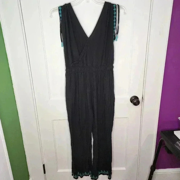 Soft Surroundings Baja Jumpsuit Black Turquoise Embroidery Tassel Size Small - Picture 2 of 6